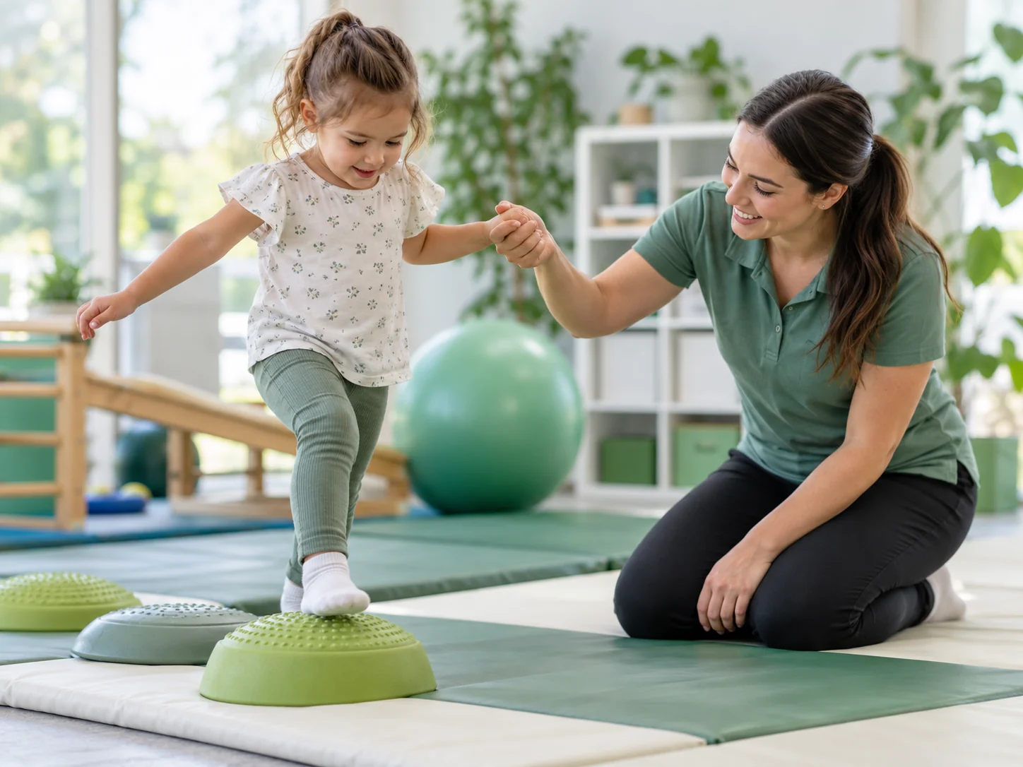 A child practises balance with a specialist supervising nearby.