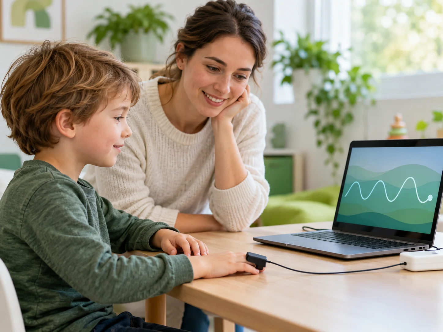A child wears a finger sensor while a specialist points to information on a screen.