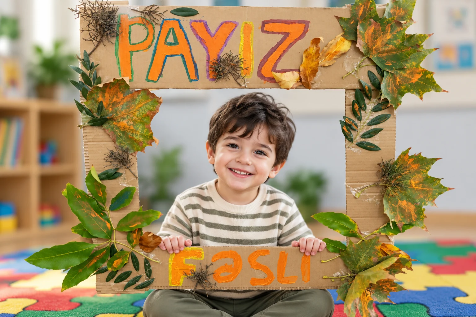 A smiling child in a handmade autumn leaf frame.