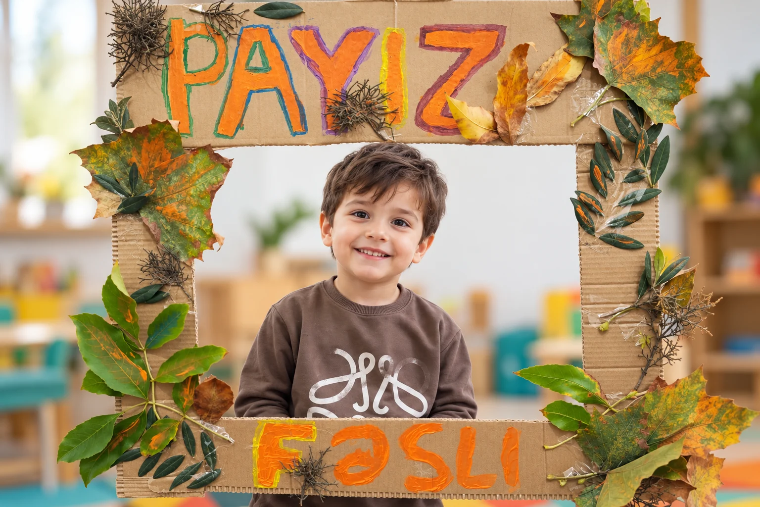 A smiling child taking part in an autumn creative activity.