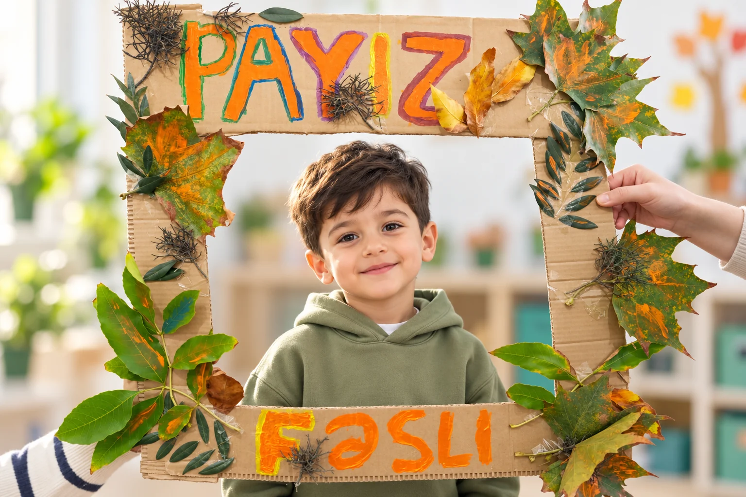 A cheerful child in green inside an autumn frame.