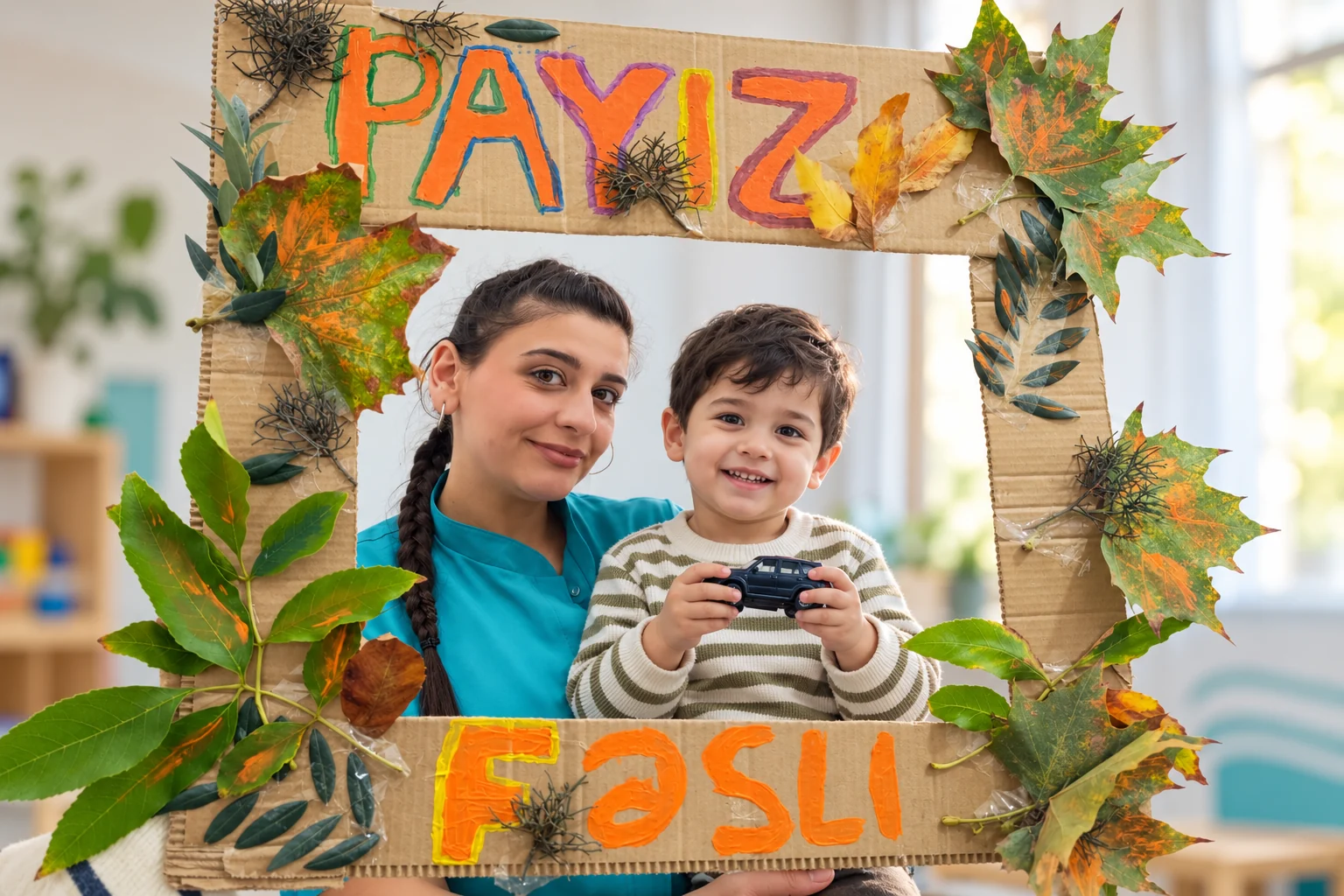 An educator and smiling child inside an autumn leaf frame.