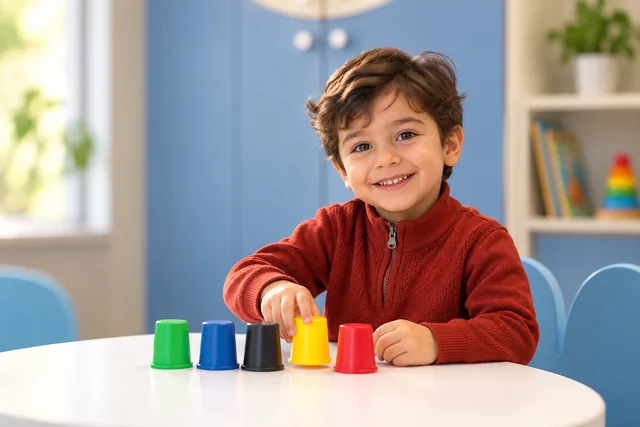 A smiling child playing with coloured sorting cups.