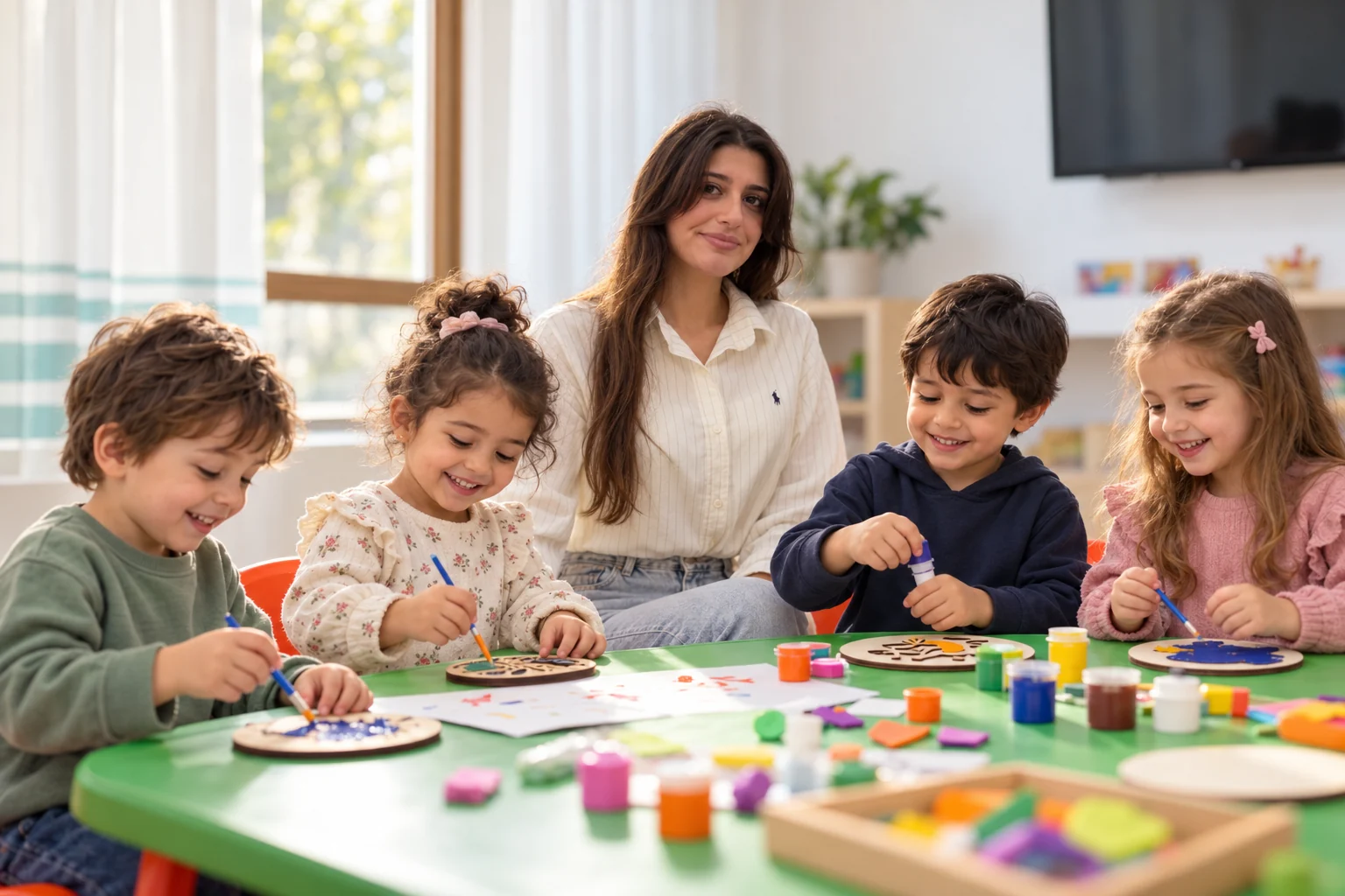 An educator and children enjoying a group art activity.