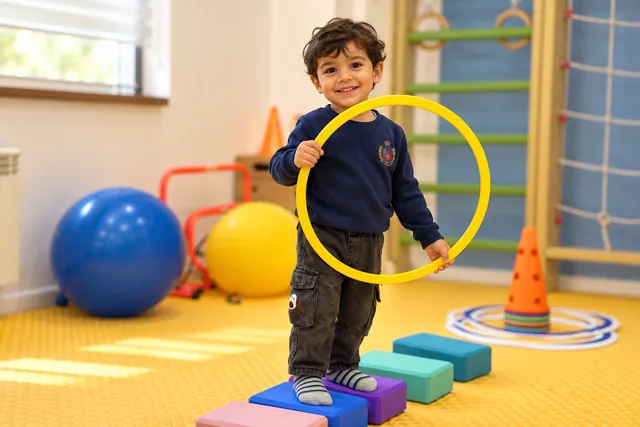 A child holding a yellow hoop on a colourful play path.