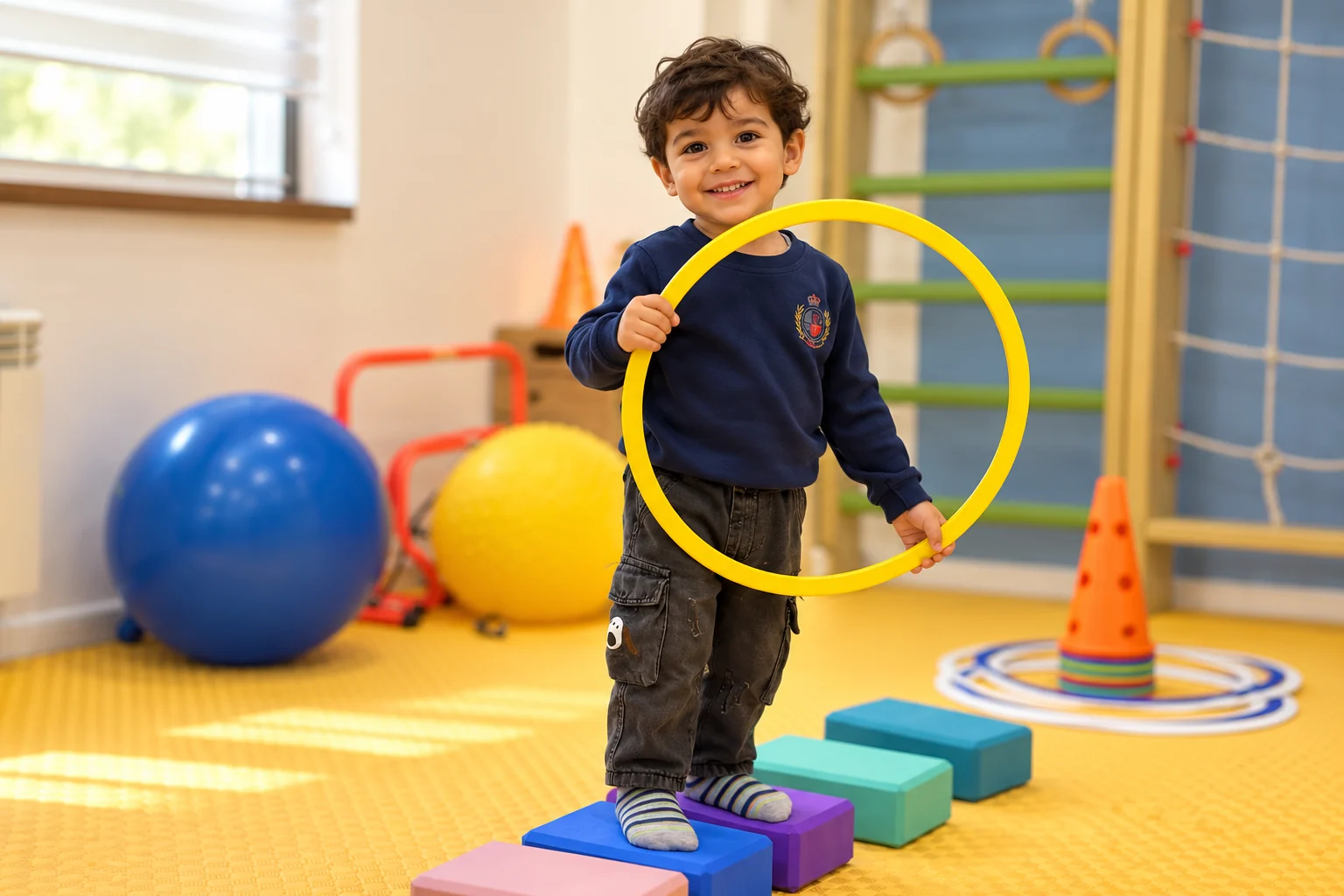A child holding a yellow hoop on a colourful play path.