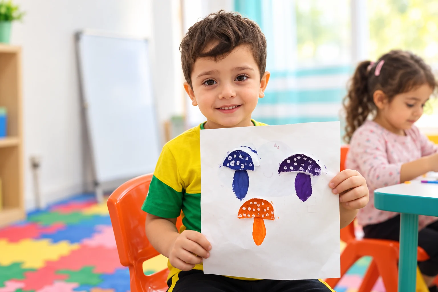 A smiling child proudly showing a mushroom painting.
