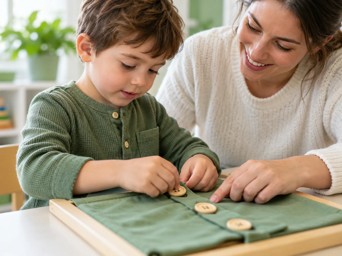 A specialist helps a child practise fastening buttons on fabric.