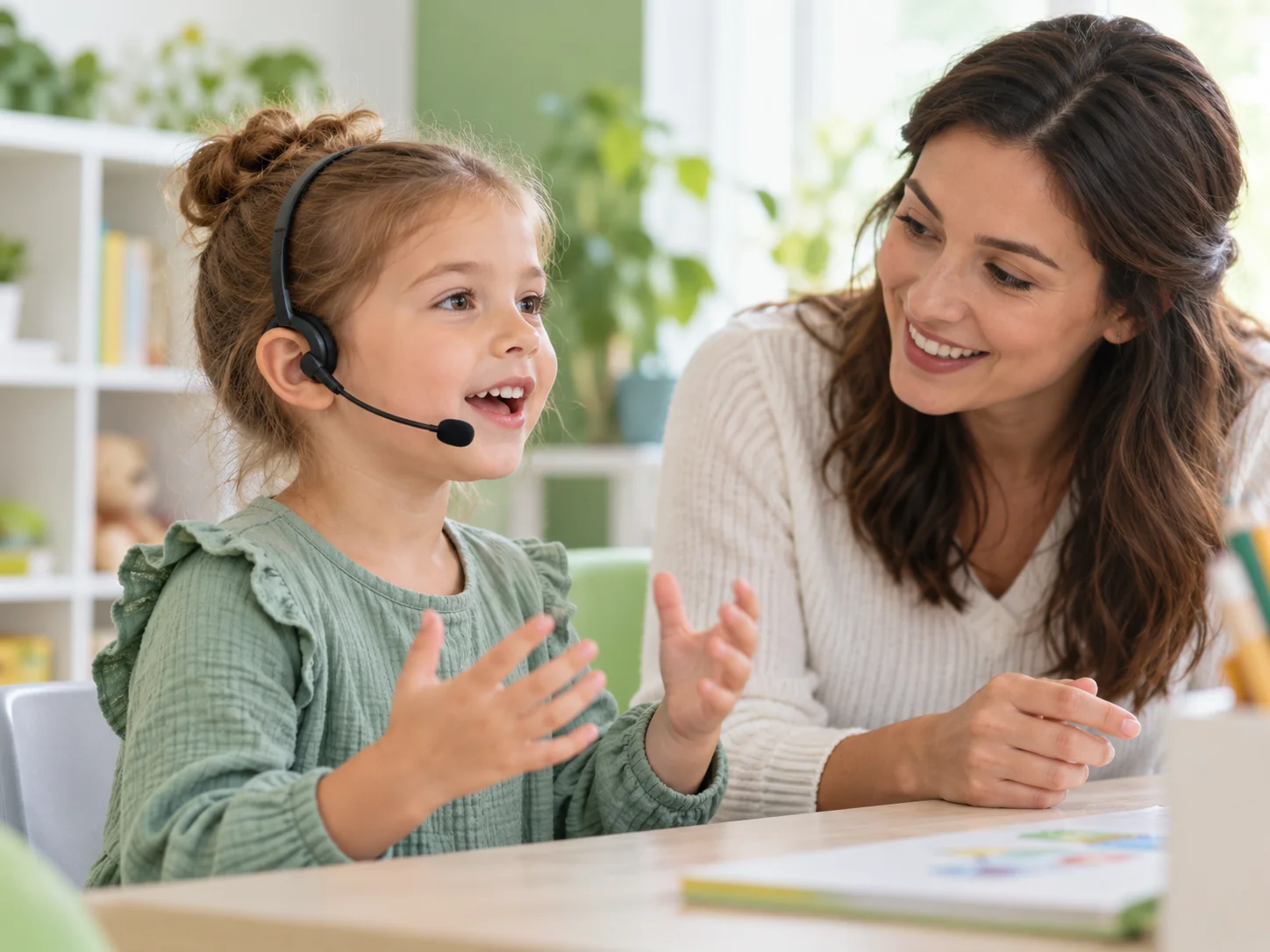 A child practises speaking with a microphone headset beside a specialist.