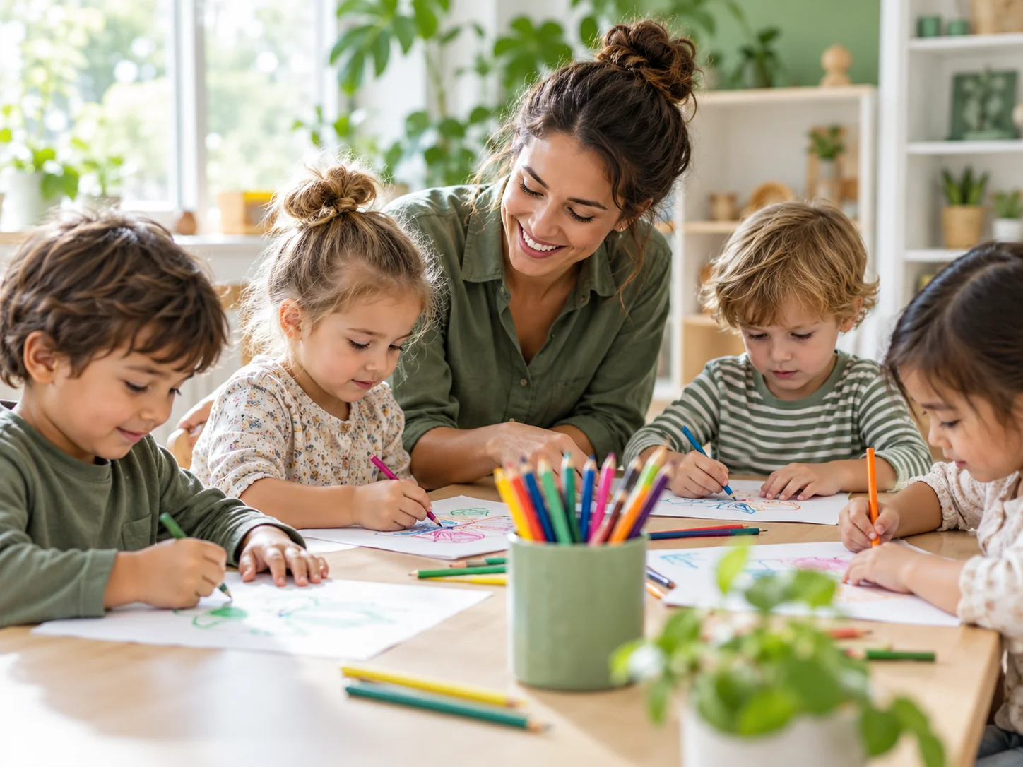 Children draw together at a table in a bright room with an educator nearby.