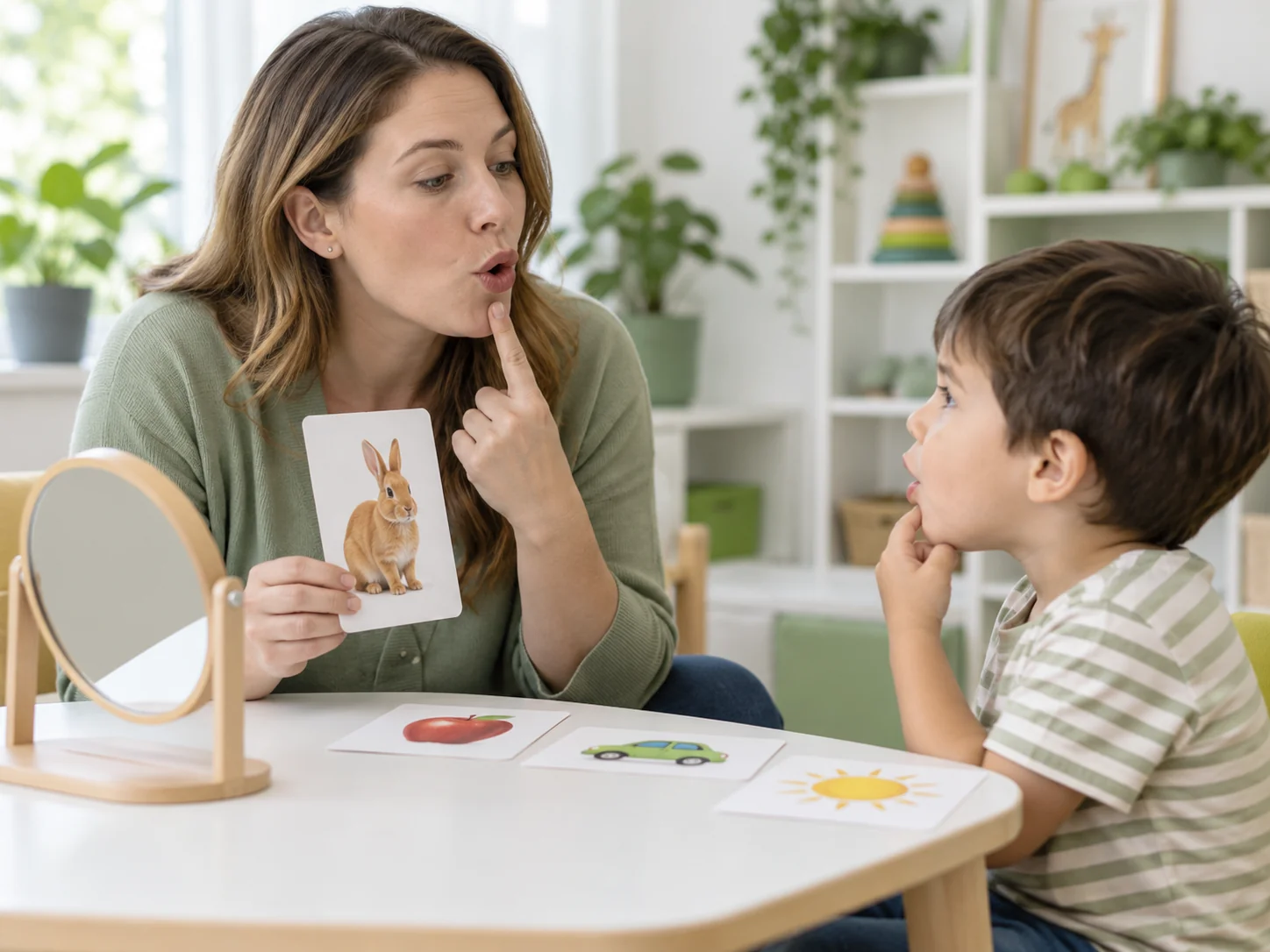 A specialist and child practise communication with picture cards.
