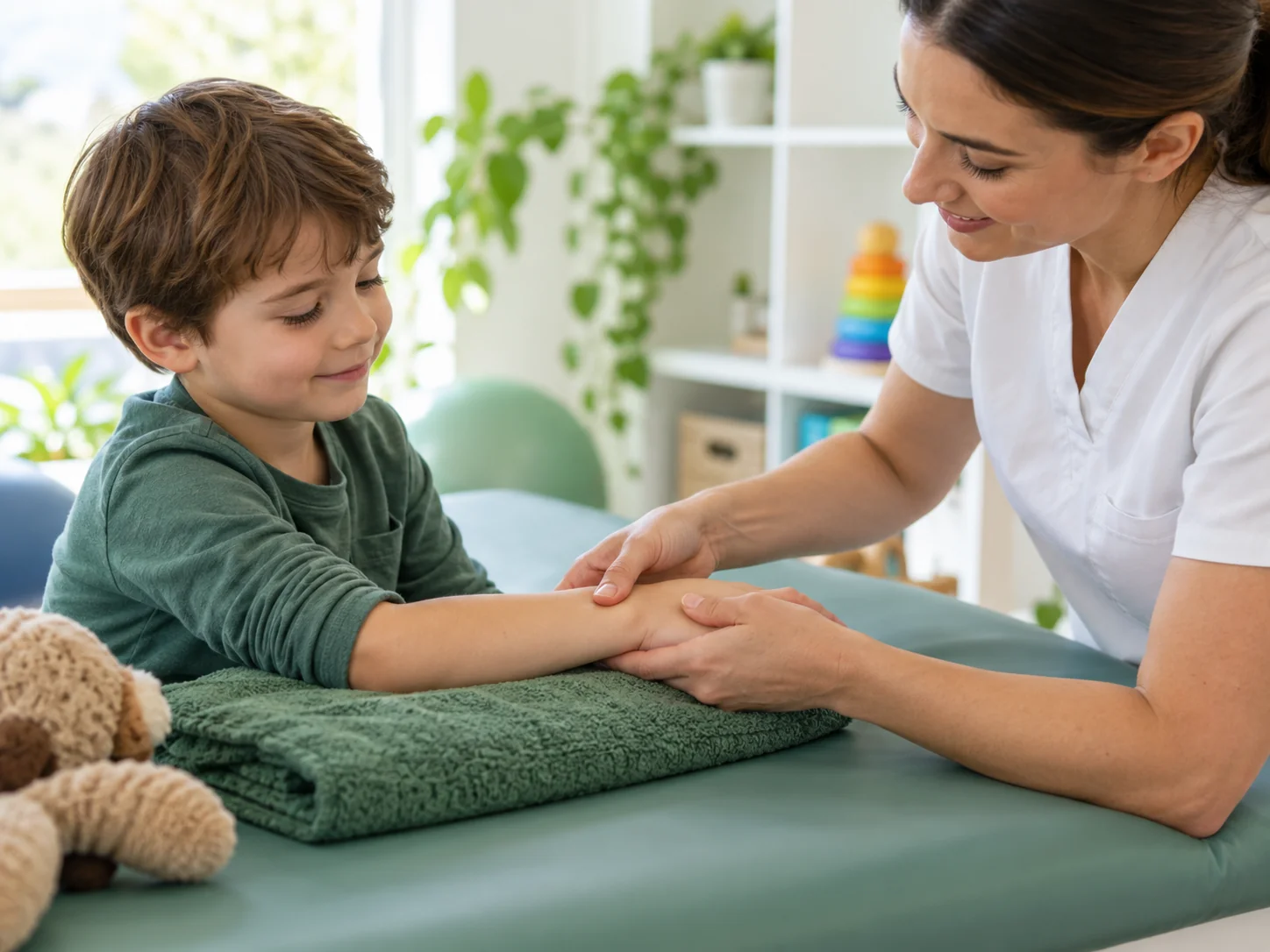 A specialist gently massages a child’s hand.