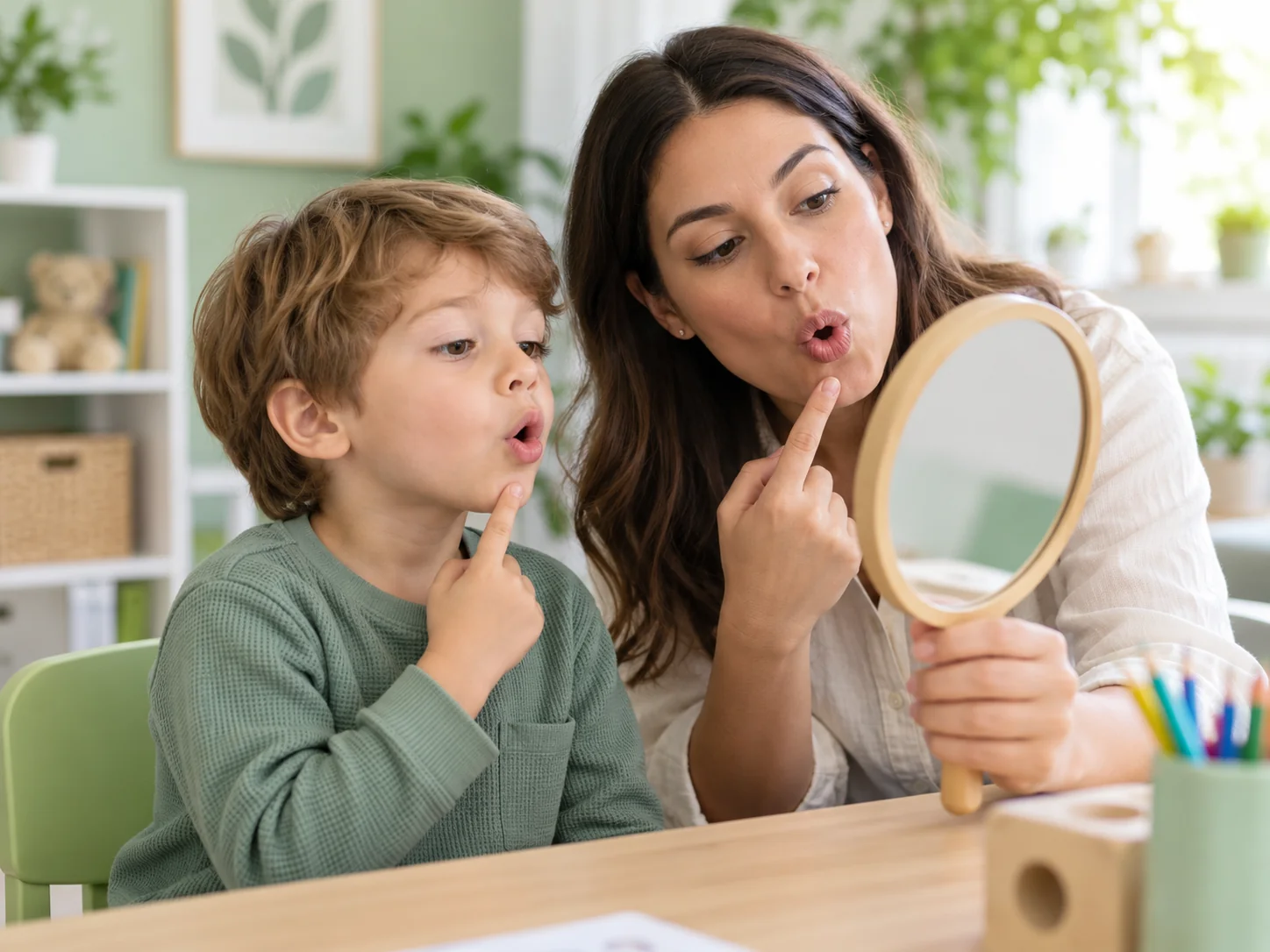A specialist supports a child with a speech activity using a mirror.