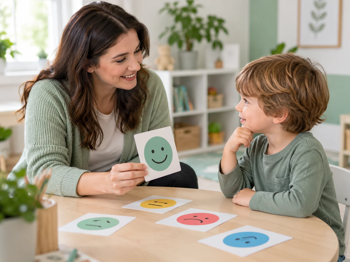 A child and specialist use emotion cards during a communication activity.