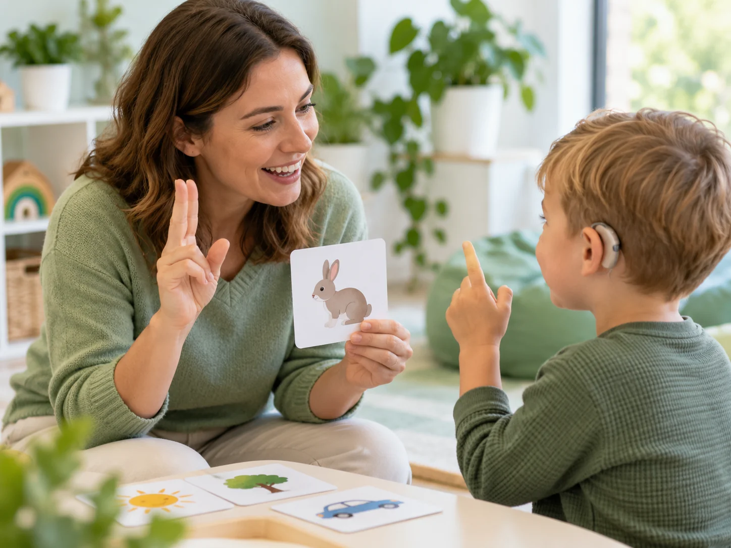 A specialist uses picture cards with a child wearing a hearing aid.