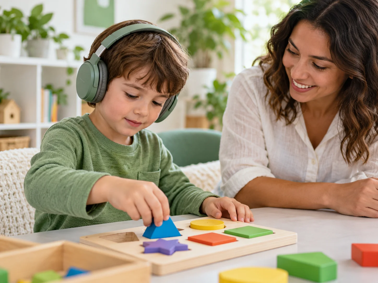 A child wearing headphones plays a tabletop shape game with a specialist.