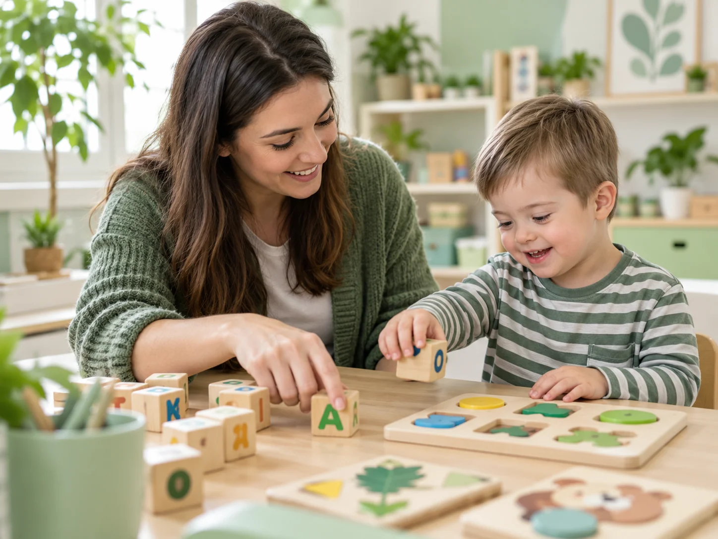 An educator and child play a learning game with wooden shapes and blocks.